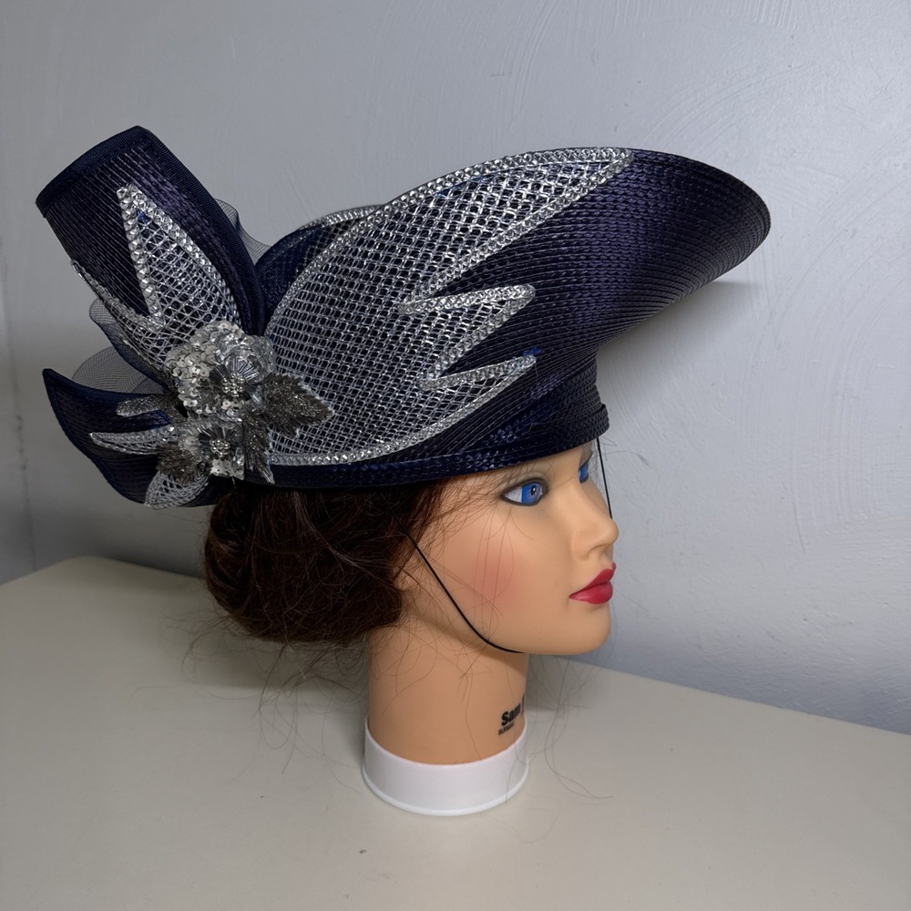 Vtg Deborah New York Silver Sequins Purple/ Blue Straw Fancy ChurchDerby Hat